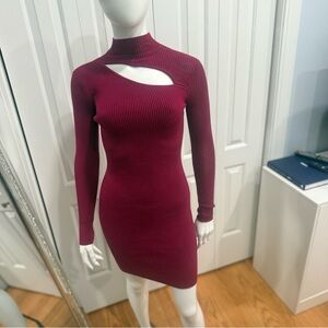 Guess Long-Sleeve Ribbed Cutout Dress in Burgundy